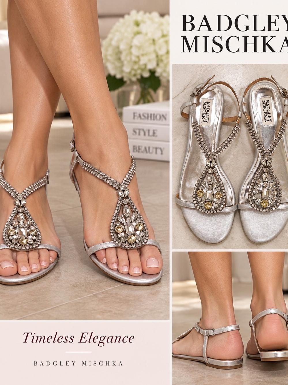 Badgley Mischka Silver Jeweled T-Strap Sandals Size 7.5